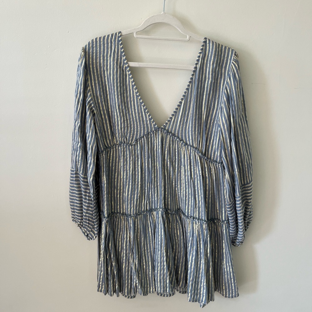 blue island Blue and White Striped V-Neck Tiered Dress